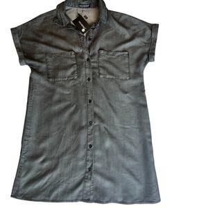 NWT Zilcremo Denim Shirt Dress, Short Sleeve, Button Up, Tunic, Distressed, Gray